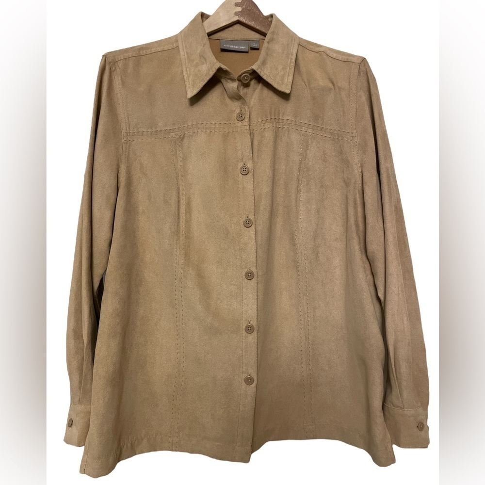 Croft & Barrow, Tan Faux Suede Button Up Long Sleeve, Size L
